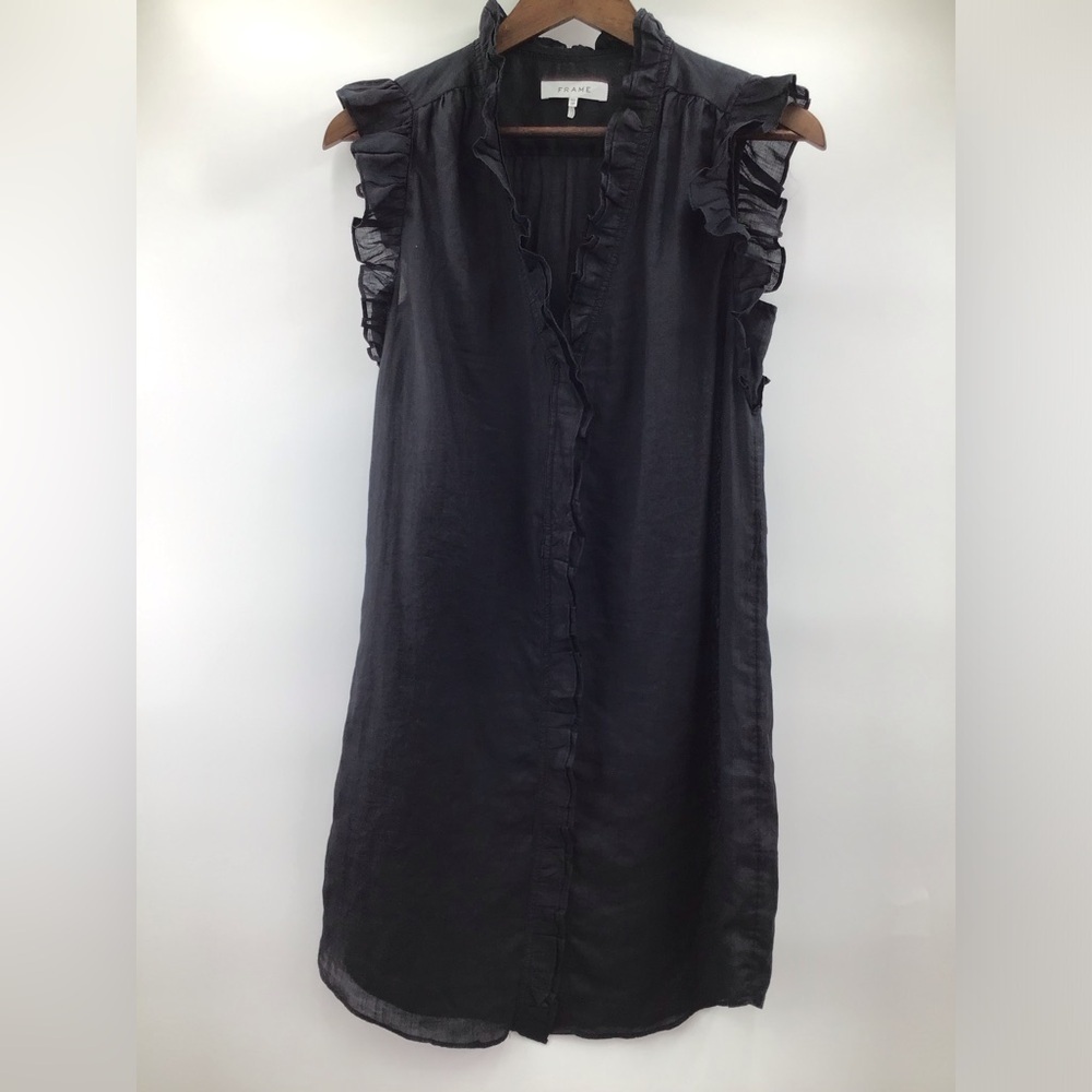 Frame Cotton Black Button Down Ruffle Mini Dress - Picture 2 of 12